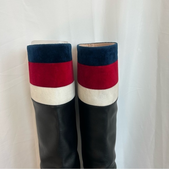 GUCCI ‘Jem’ black leather faux Pearl red blue white velvet stripe riding boot 39 - Picture 5 of 15